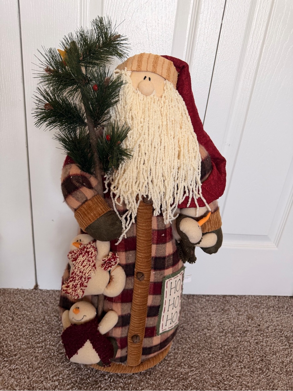 Plush Holiday Santa Figure with Cream Yarn Beard and Red Plaid Coat